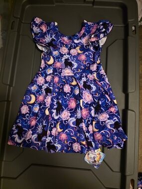 Girls Navy Unicorn & Floral Flutter Sleeve Dress